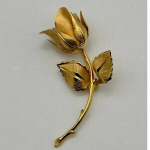 Vintage Giovanni Single Stem Rose Brooch Possibly Gold Plated Metal 2 Signatures